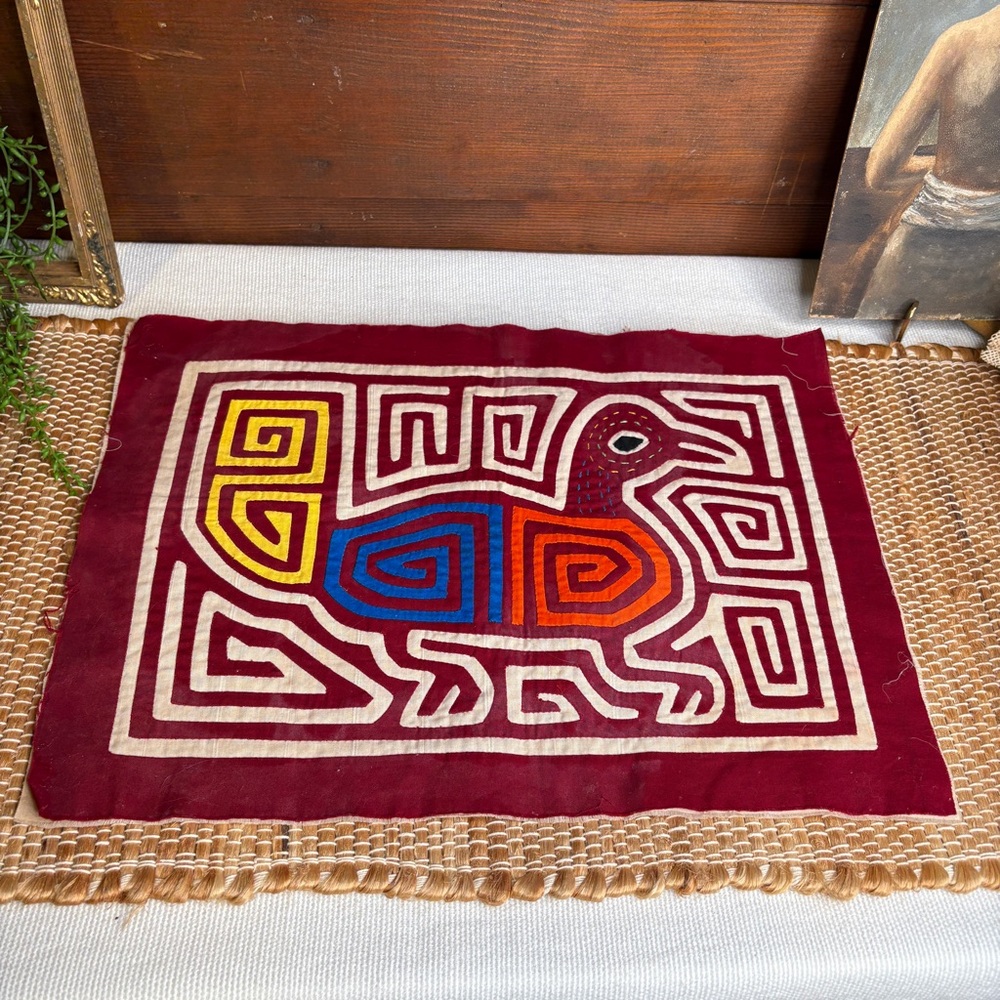 Vintage Panama Kuna Mola Textile Artisan Made Bird Deep Red Orange Yellow Blue